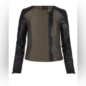 Woman’s Allsaints Abel Biker Jacket Black Leather Contrast Sleeves Size 4